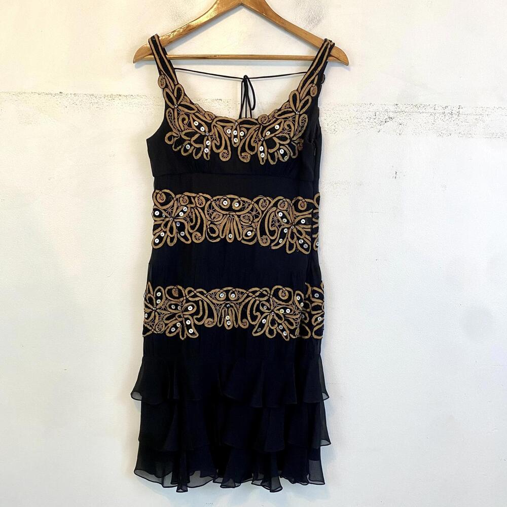 SUE WONG Vintage black gold beaded ruffle embroidered silk mini dress sz 10